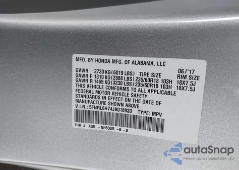 2018 Honda Odyssey Ex-L z USA, uszkodzony, nr VIN 5FNRL6H74JB018930